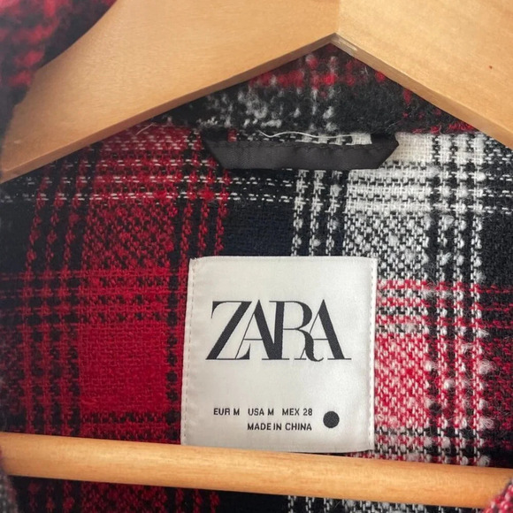 Zara Plaid Overshirt Longline Shacket Jacket Coat NWT Red White  Size Medium - Picture 10 of 11